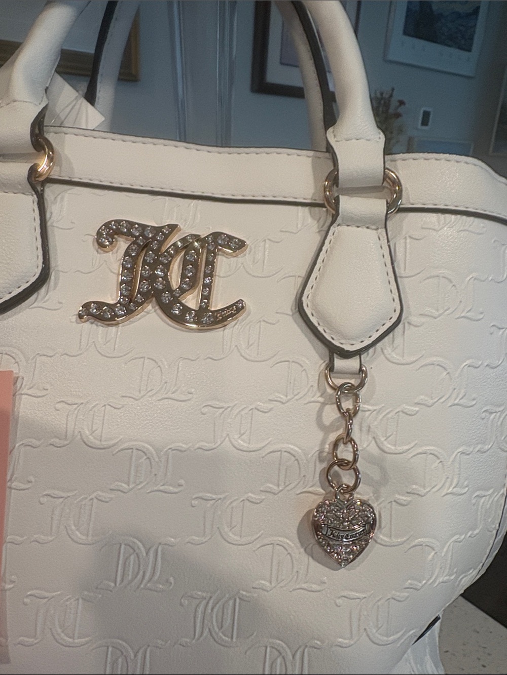 Juicy Couture White Embossed Logo Satchel with Gold Hardware